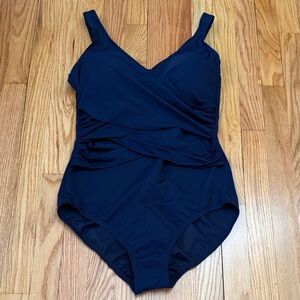 Lands' End Womens Slender Suitsuit One Piece Deep Sea Navy size 14L NWT